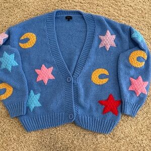 90s Short Chunky V-Neck Cardigan Sweater w/ Celestial Theme, Womens sz L, Y2K